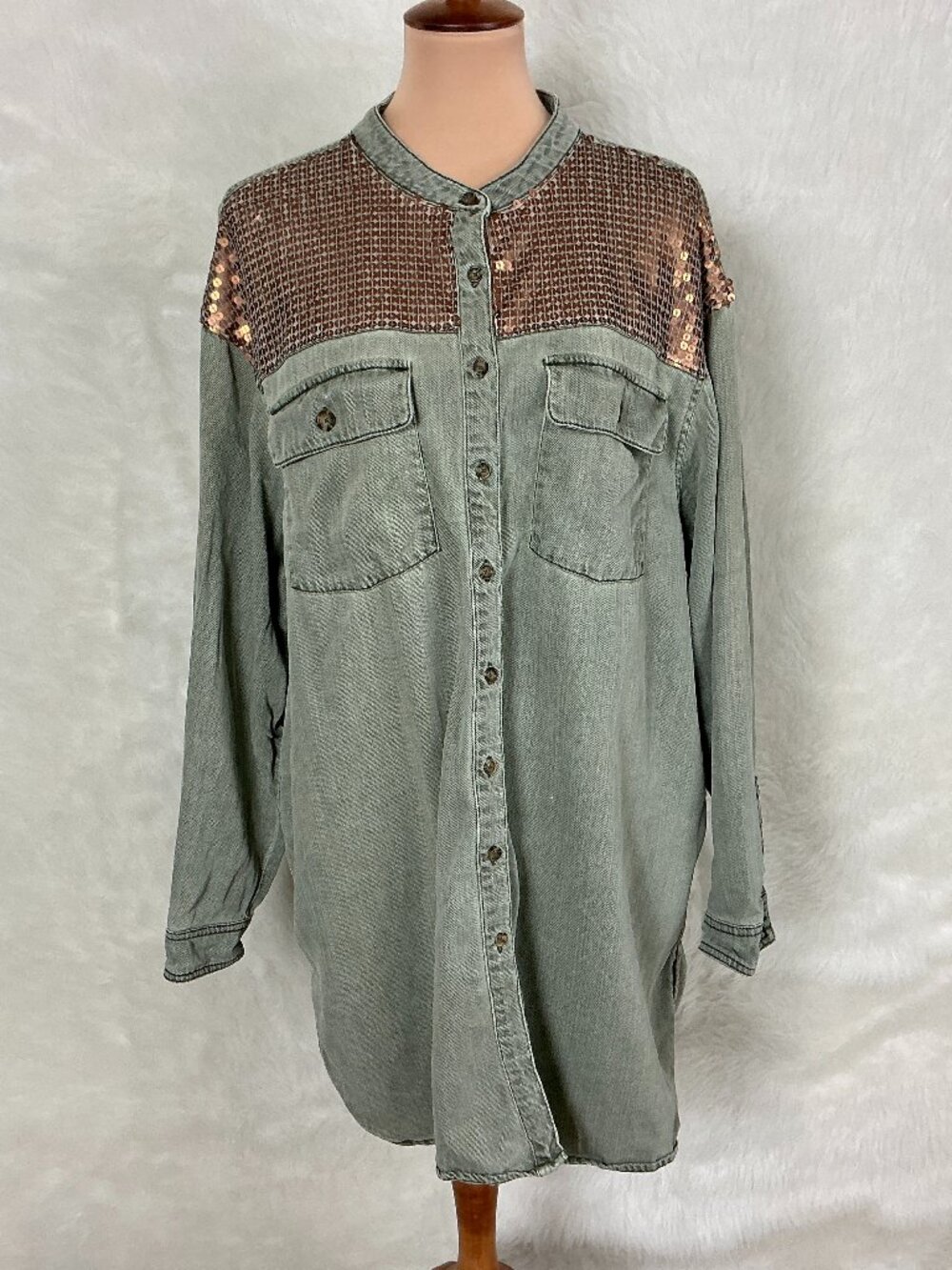 By Anthropologie + Plus Green Denim Gold Sequin Band Collar Cargo Shirt US 22W